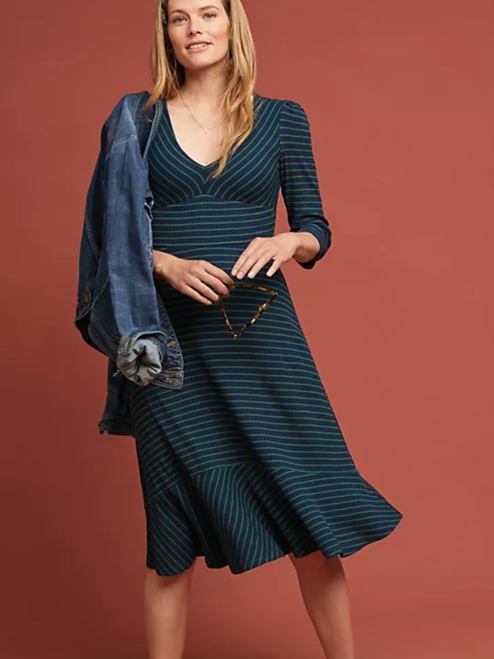 Maeve Flores Navy and Green striped dress